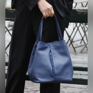 Blue Lemon Paris “Laura” Elegant Navy Blue Leather Tote Bag